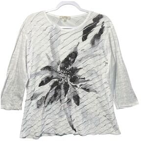 Jess & Jane White Textured Floral Print 3/4‎ Sleeve Top Size L Made in USA